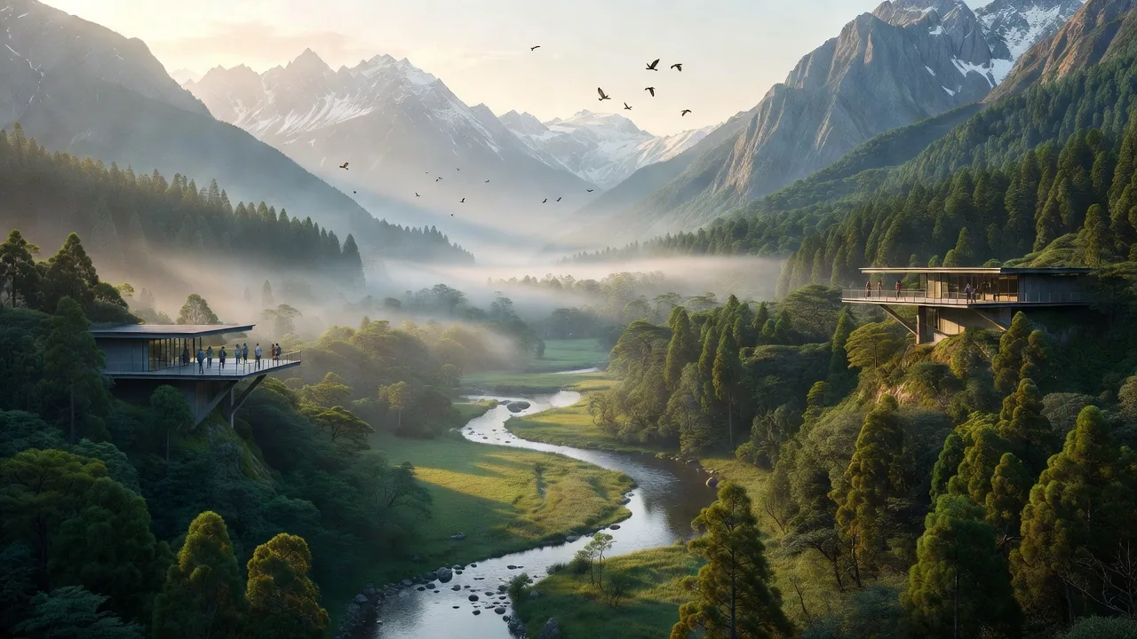 杉に囲まれた谷の遠景